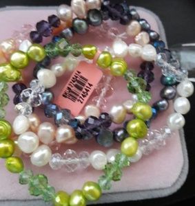 Set of five multi color stretch pearl bracelets